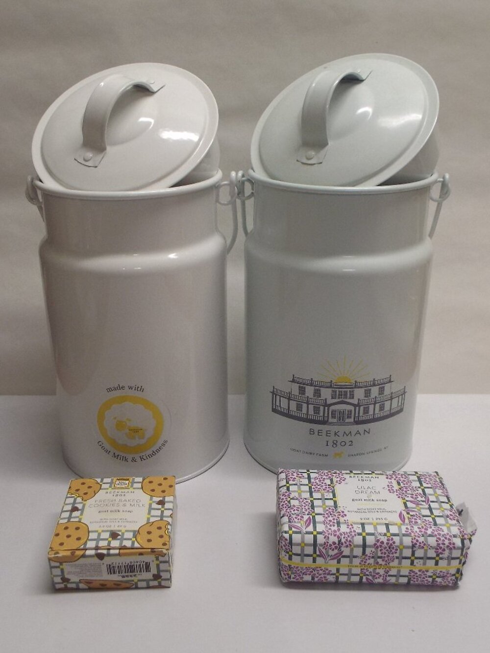 Two BEEKMAN 1802 Canisters and Goat Milk Soaps - Nestle Cookies/Milk and Lilac